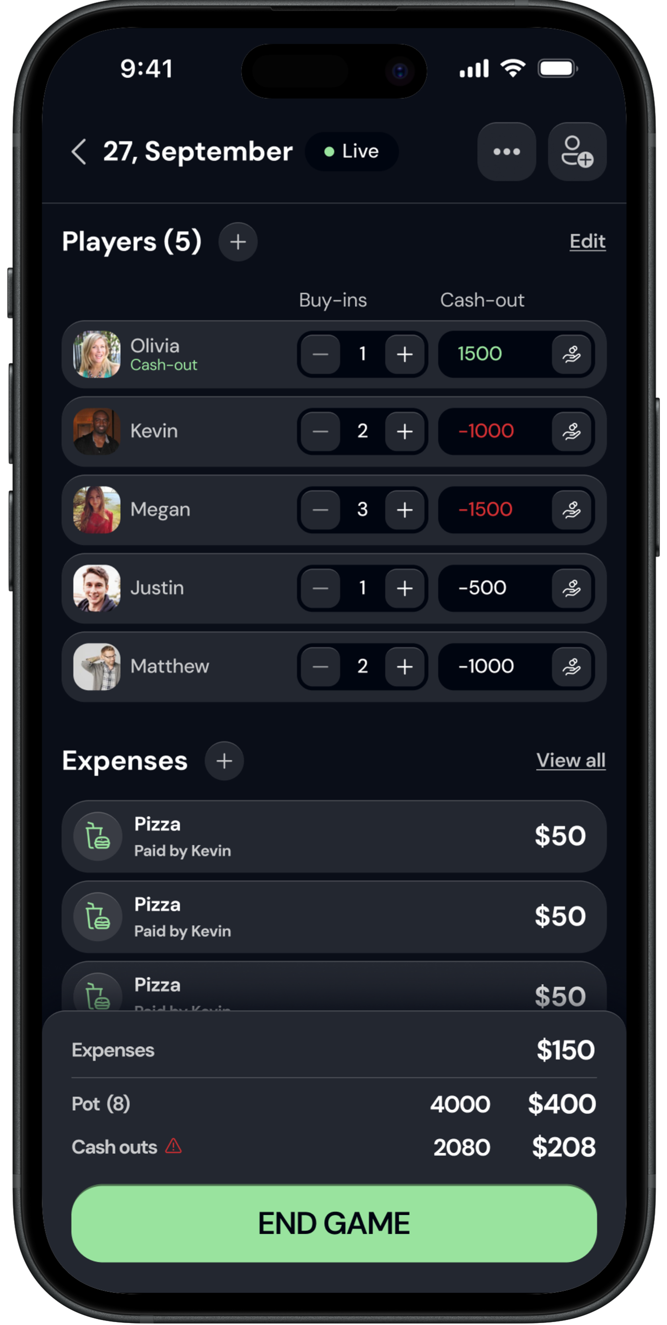 Chipup live game screen showing player buy-ins, cash-outs and the end game button